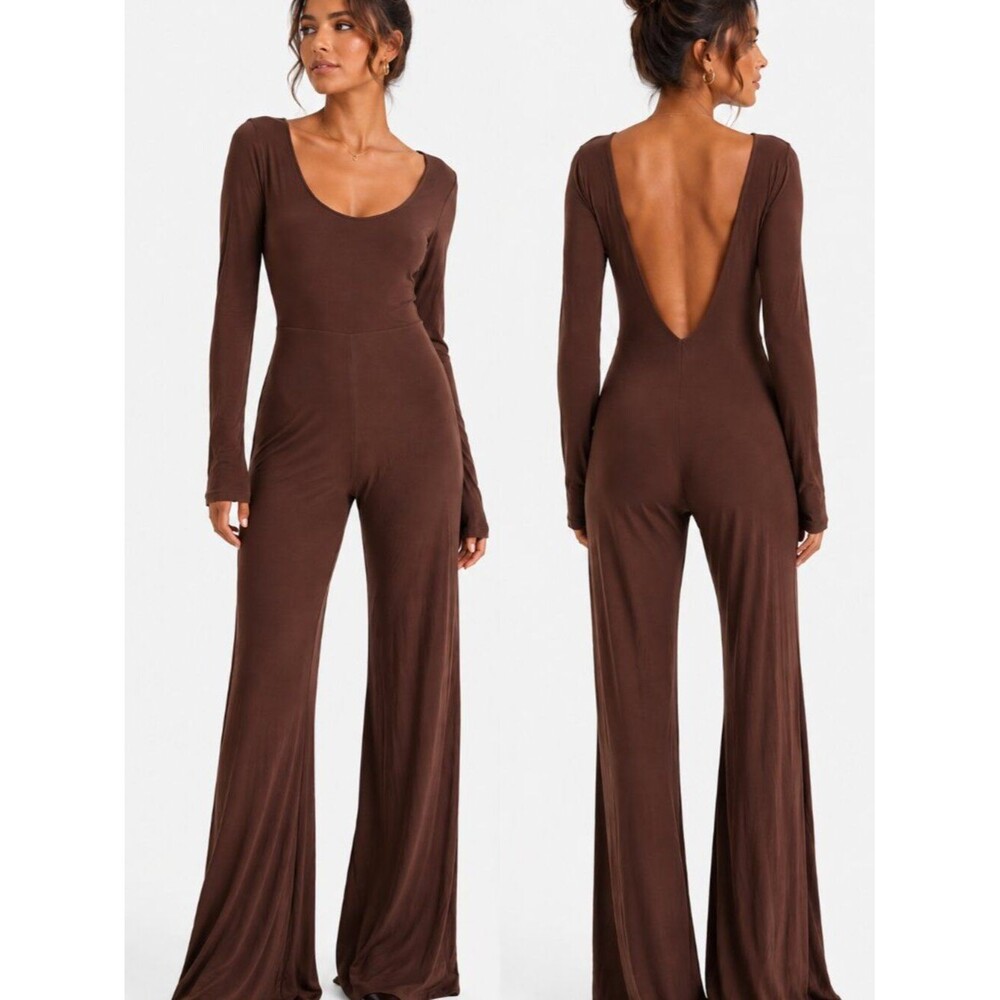 Naked Wardrobe XL Brown Long Sleeve Wide Leg Jumpsuit Open Back Stretch